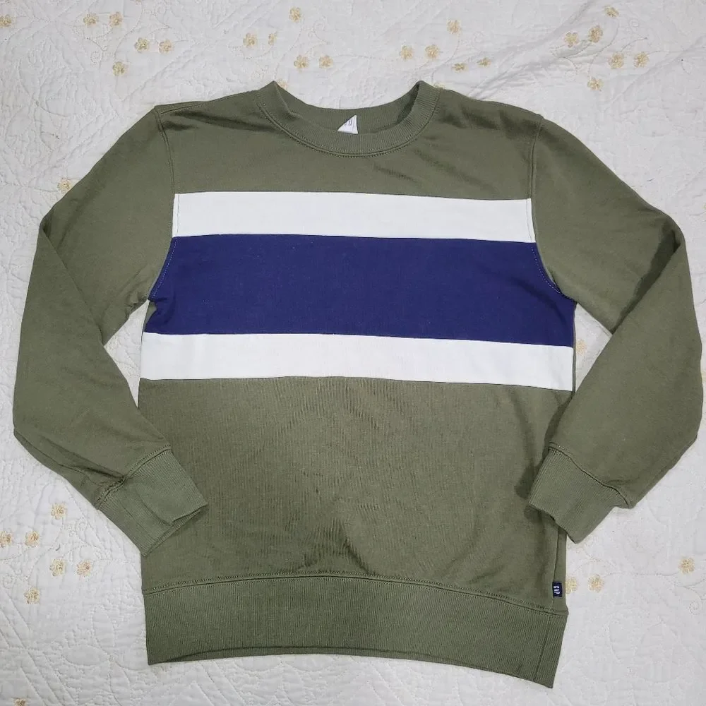 Gap Size Large 10/12 Boys Green Blue White Crew Neck Sweater with Stripes